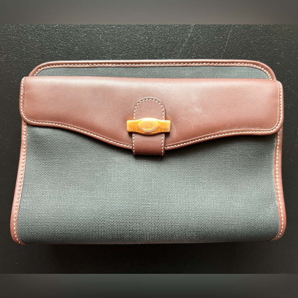 Dunhill Authentic Clutch Bag Second Bag Gray Brown Leather Green Plaid Lining! - Picture 11 of 14